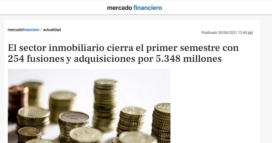 El sector inmobiliario cierra el primer semestre con 254 fusiones y adquisiciones por 5.348 millones